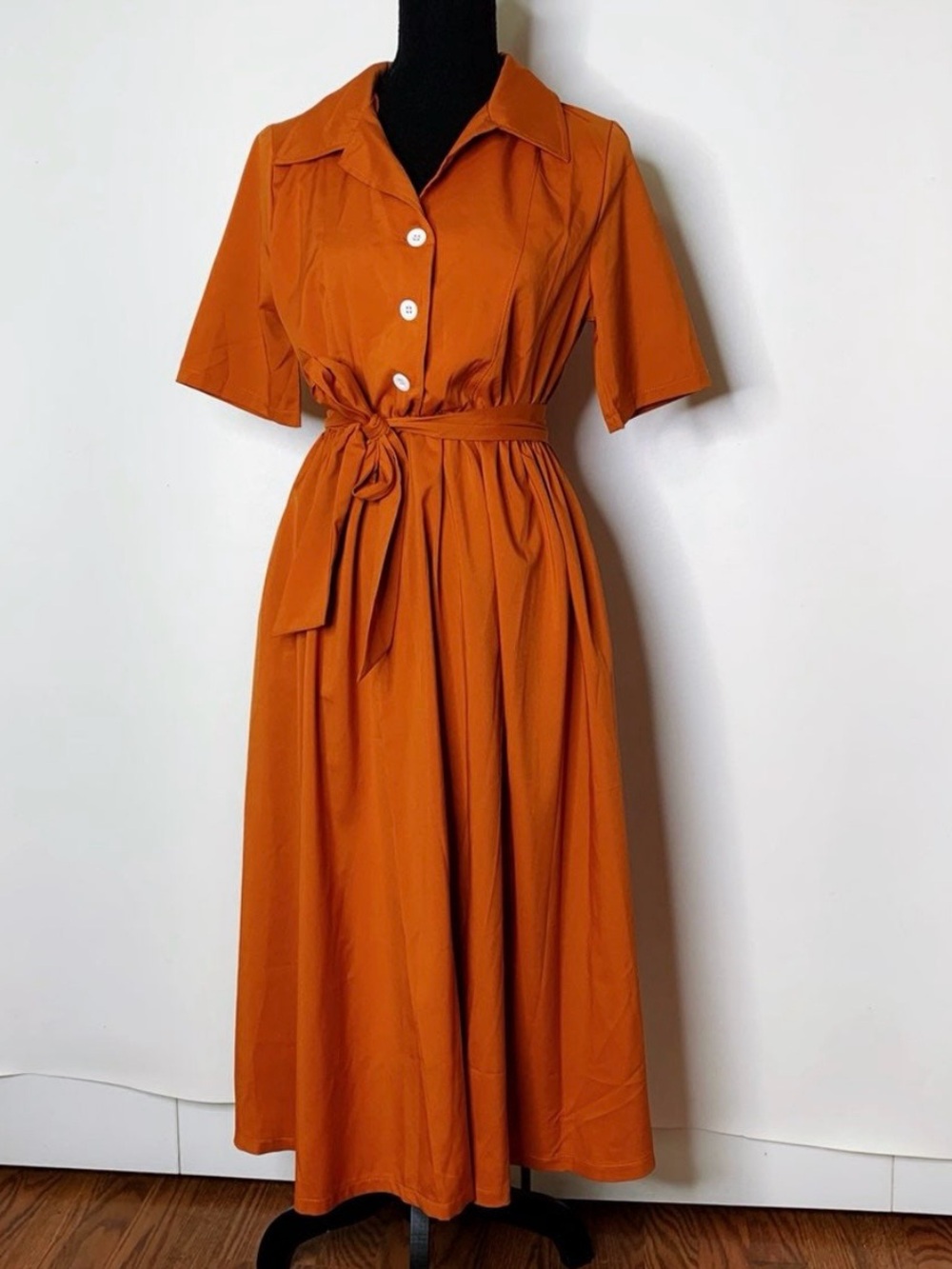 Rust Orange Short Sleeve Shirt Dress with Tie Waist